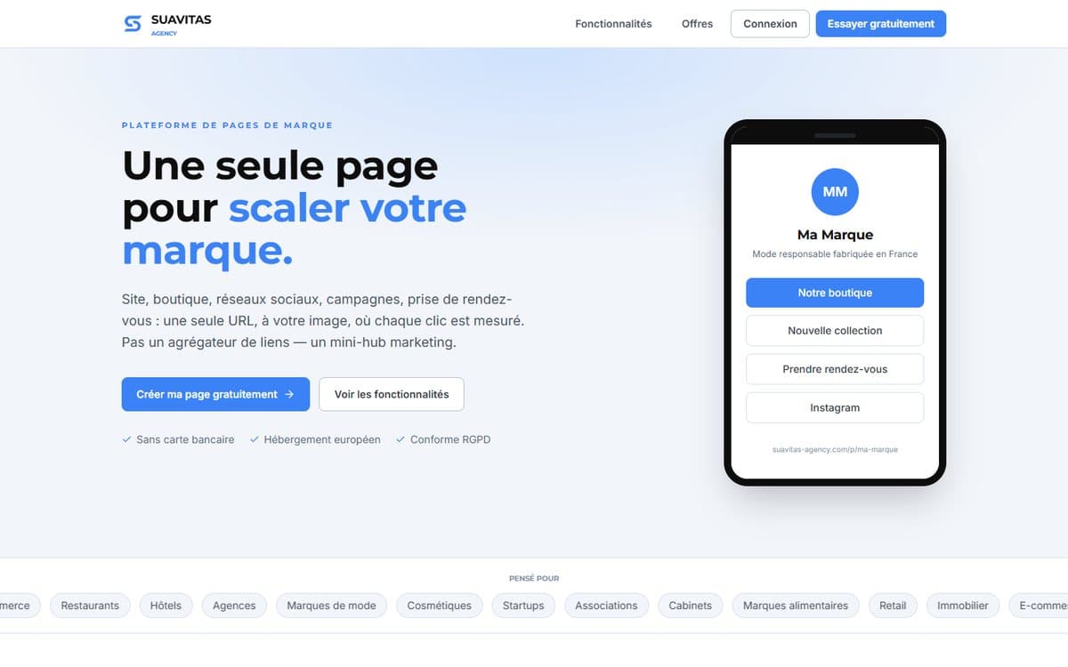 Accueil de la plateforme de pages de marque Suavitas, avec l'aperçu d'une page sur téléphone